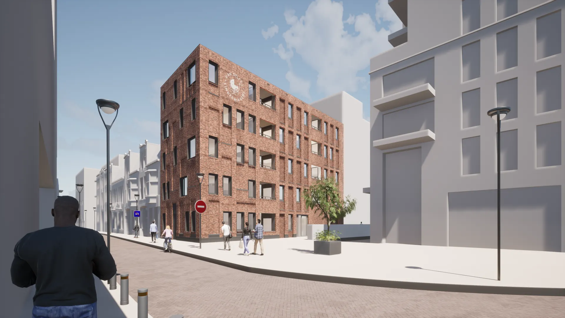 Straatbeeld van het appartementencomplex op de hoek van de Telegraaf- en Magazijnstraat