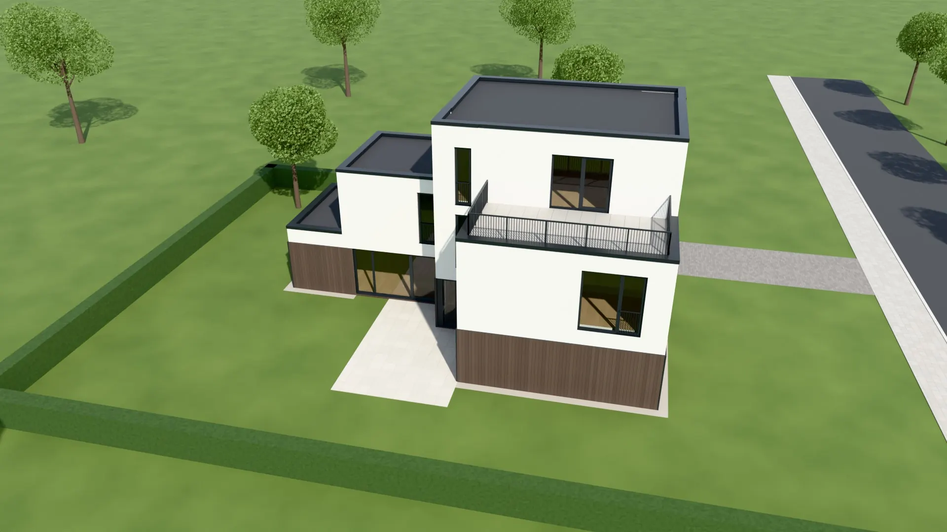 Impressie in vogelvlucht van de villa in Culemborg met verspringende bouwvolumes en dakterras