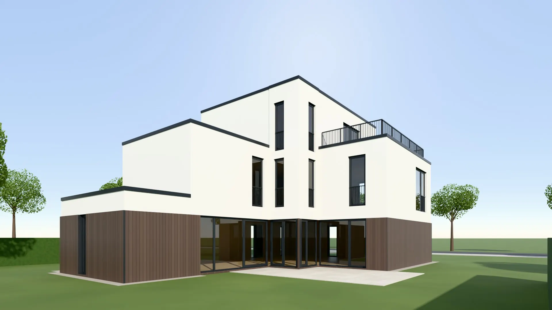 Impressie van de tuinzijde van de villa in Culemborg met grote glazen puien en terras